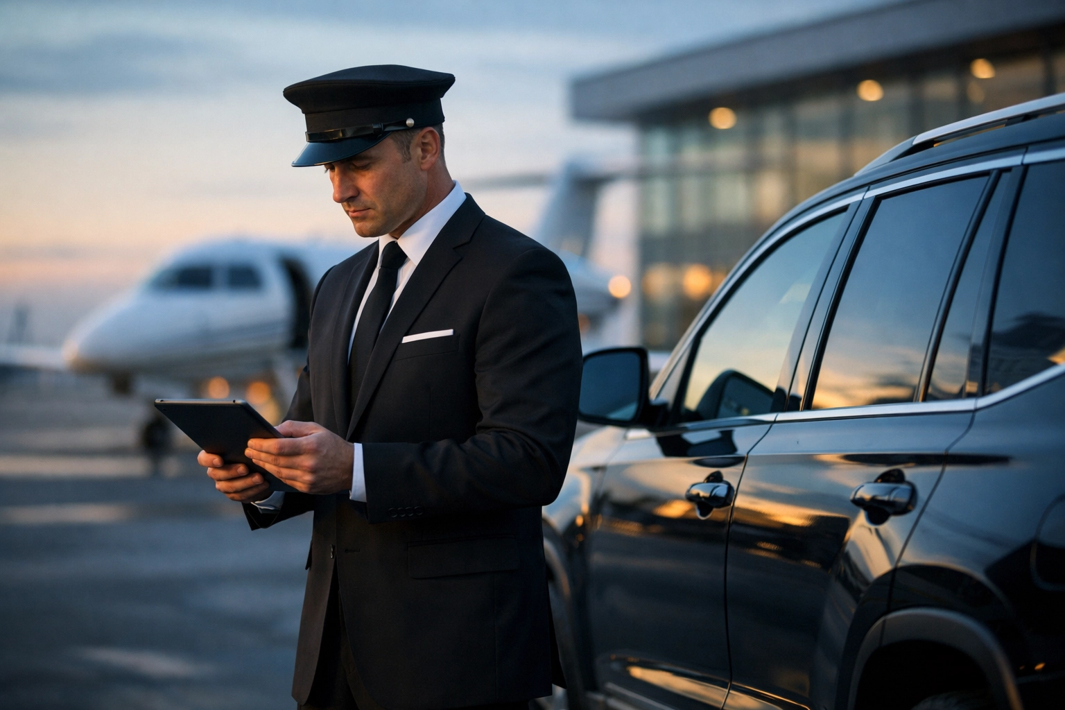Corporate chauffeur managing airport transportation logistics with tablet at private terminal