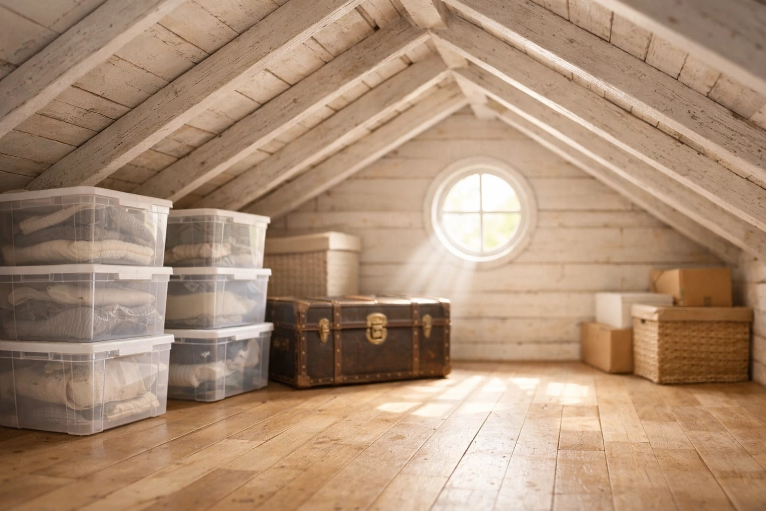 A clean, organized attic with storage bins showing progress in a long-term home declutter.