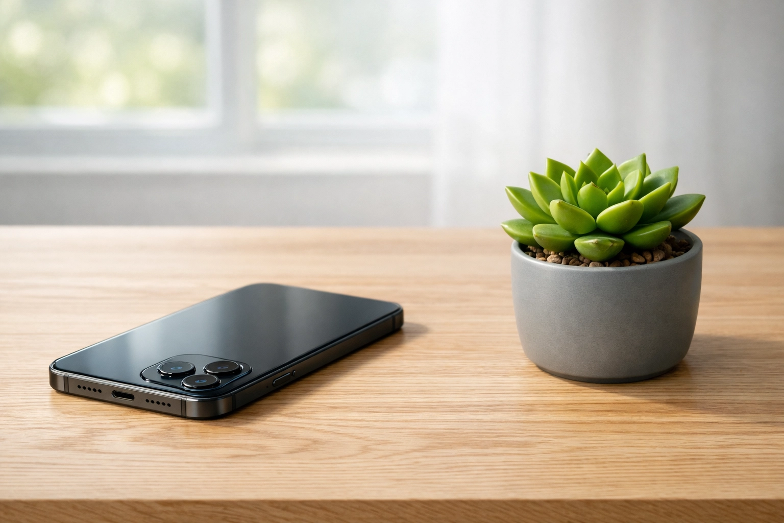 A smartphone lying face-down on a clean desk next to a succulent, representing a break from news notifications.