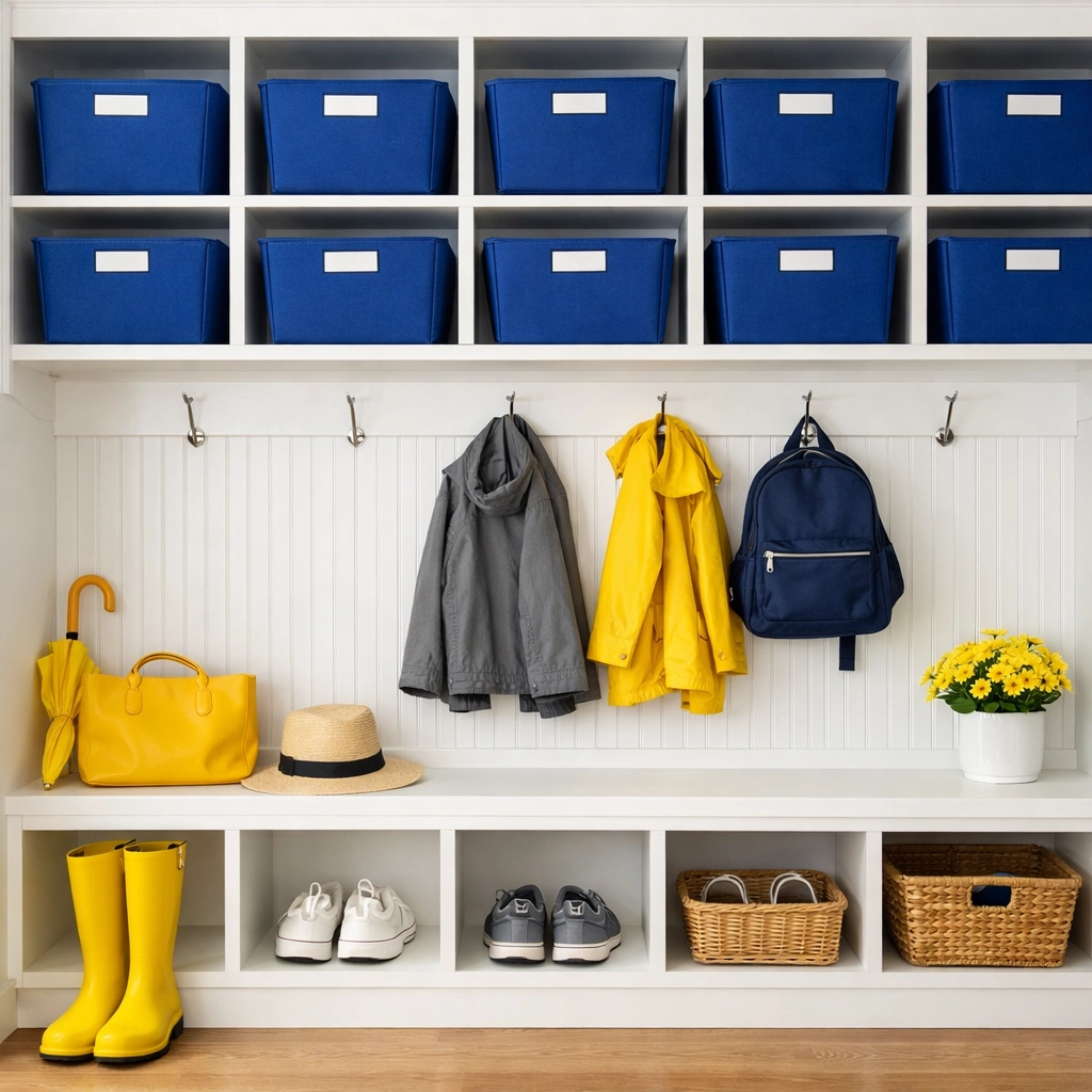 Neatly organized mudroom with blue storage bins and white shelving after a seasonal declutter.
