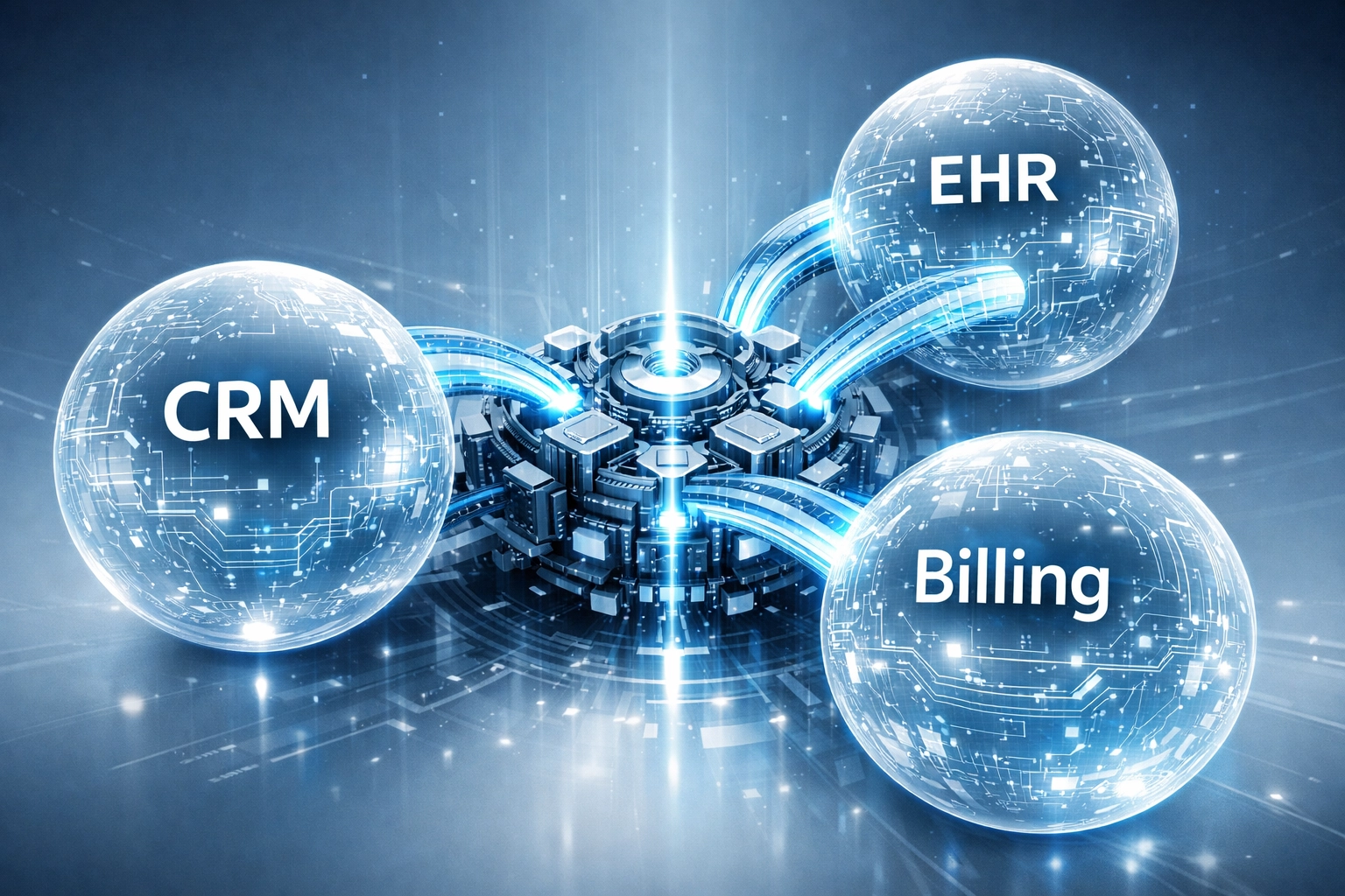 Integrated software architecture connecting CRM, EHR, and billing systems for unified medical clinic operations.