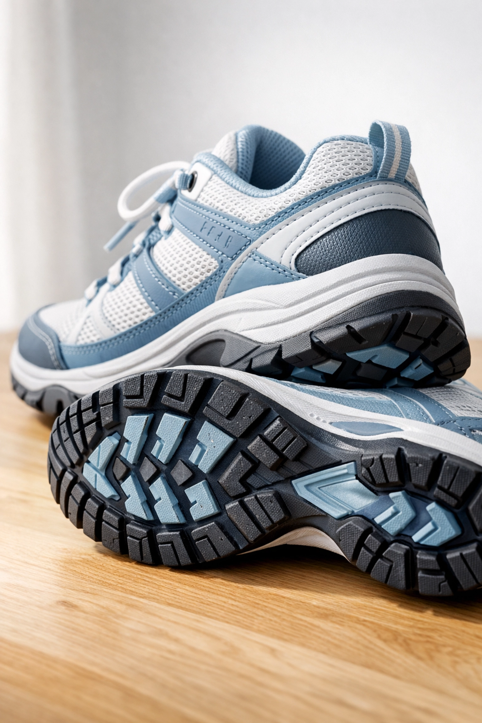 Close-up of a senior walking shoe showing a slip-resistant rubber sole and sturdy reinforced heel.