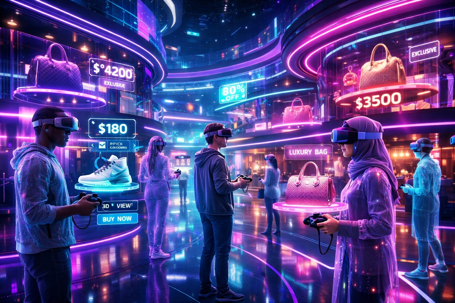 Futuristic metaverse shopping mall with VR avatars browsing holographic storefronts and products
