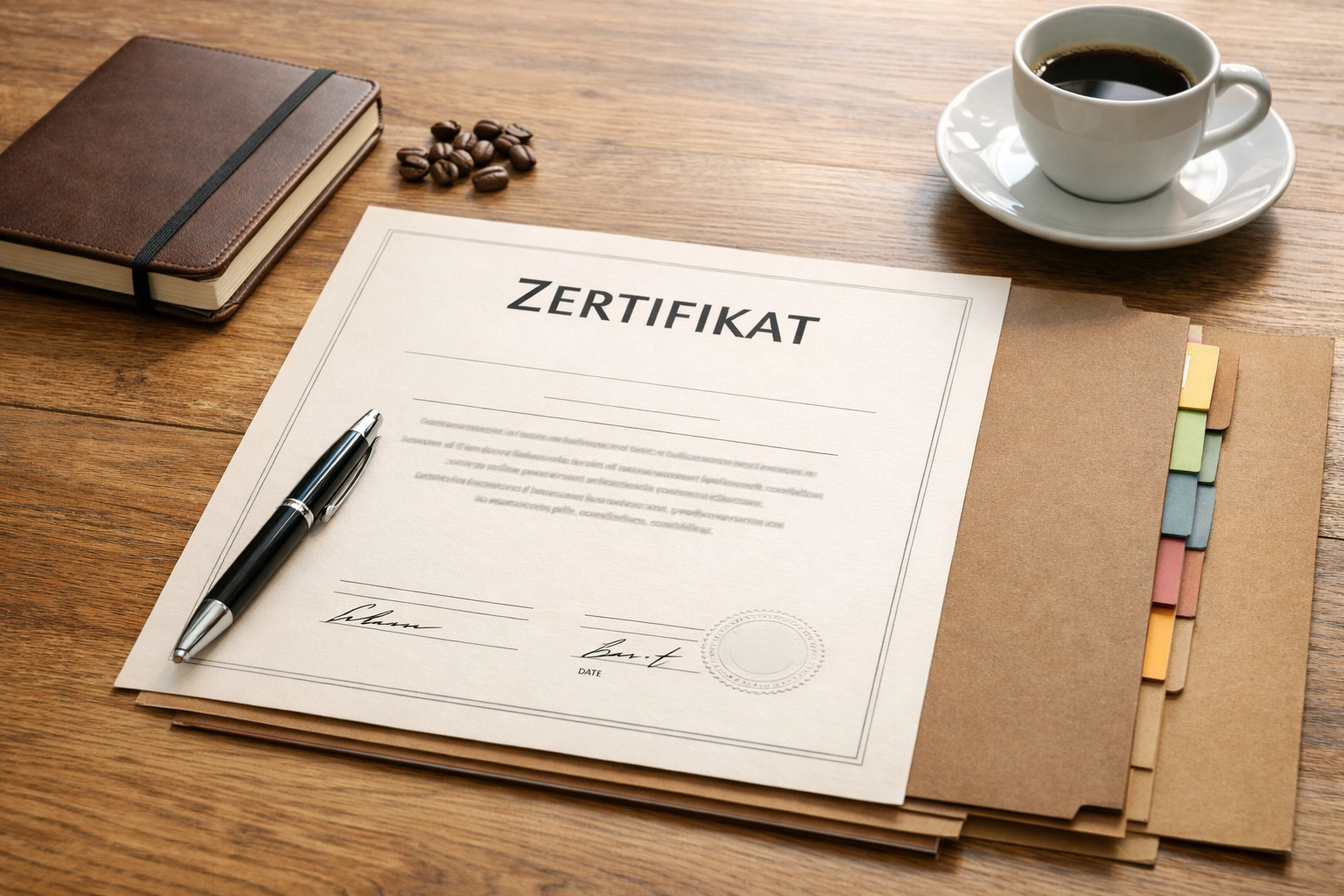 Zertifikat und Business-Dokumente auf einem Schreibtisch – Symbol für Ausbildung, Struktur und Professionalität.