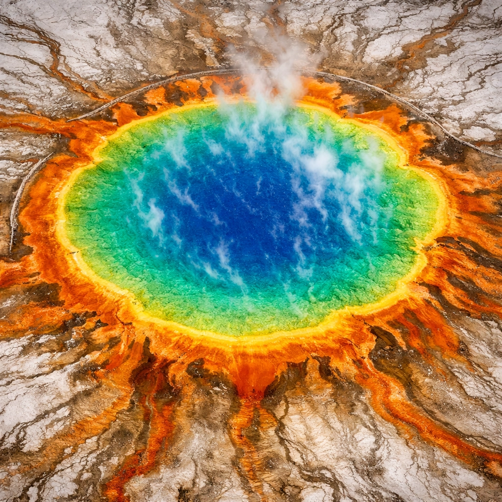 Grand Prismatic Spring showing colorful thermophile bacteria rings at Yellowstone National Park