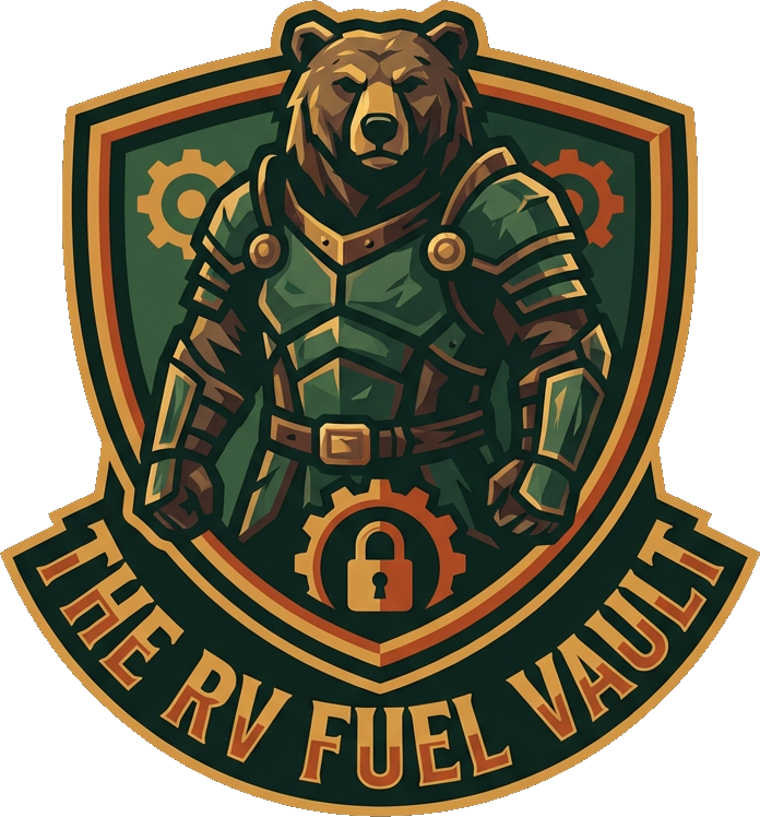 The RV Fuel Vault logo featuring Tank, the guardian of the open road.