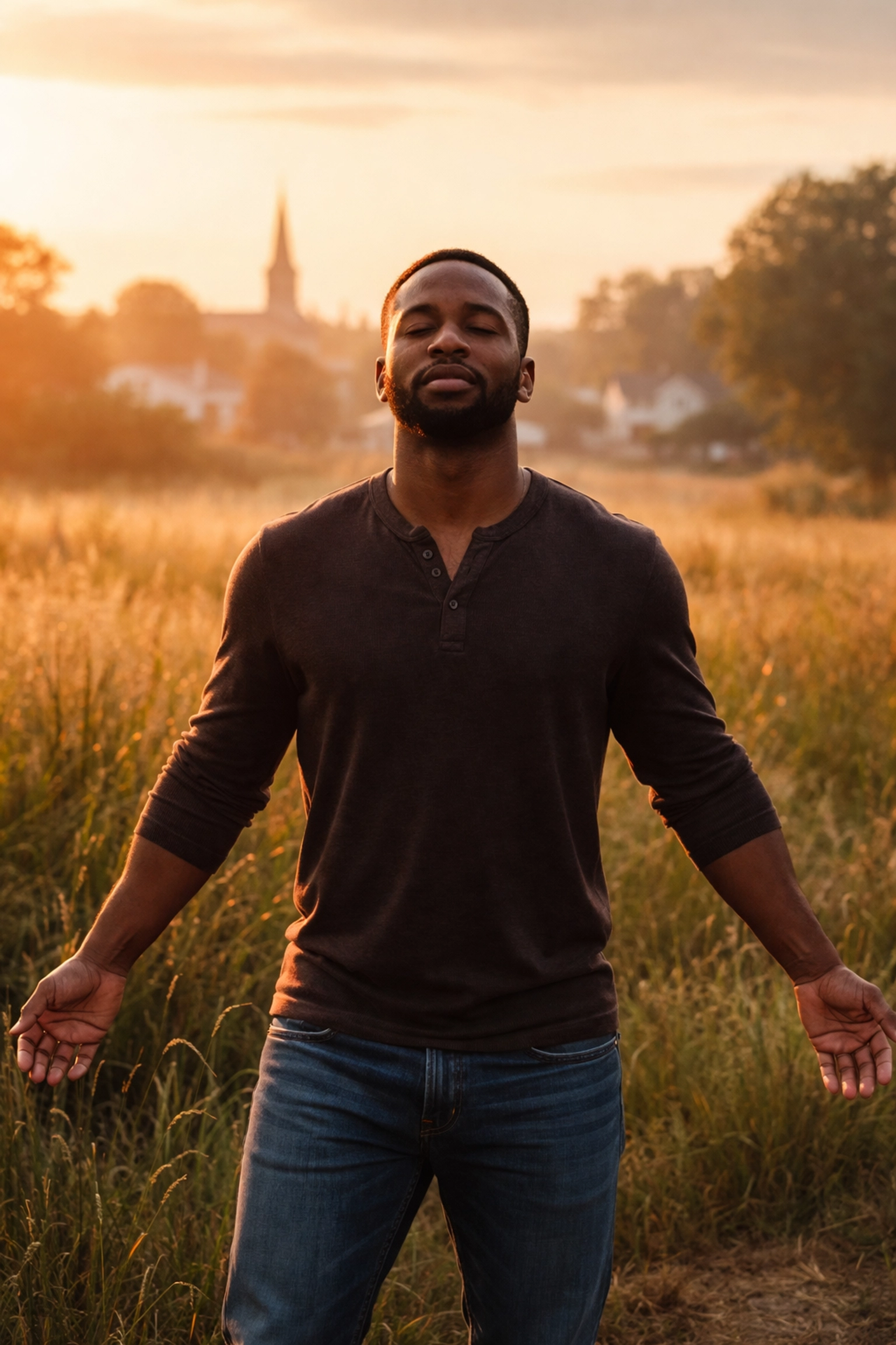 Black man embracing self-compassion at sunrise, representing healing from past relationship trauma