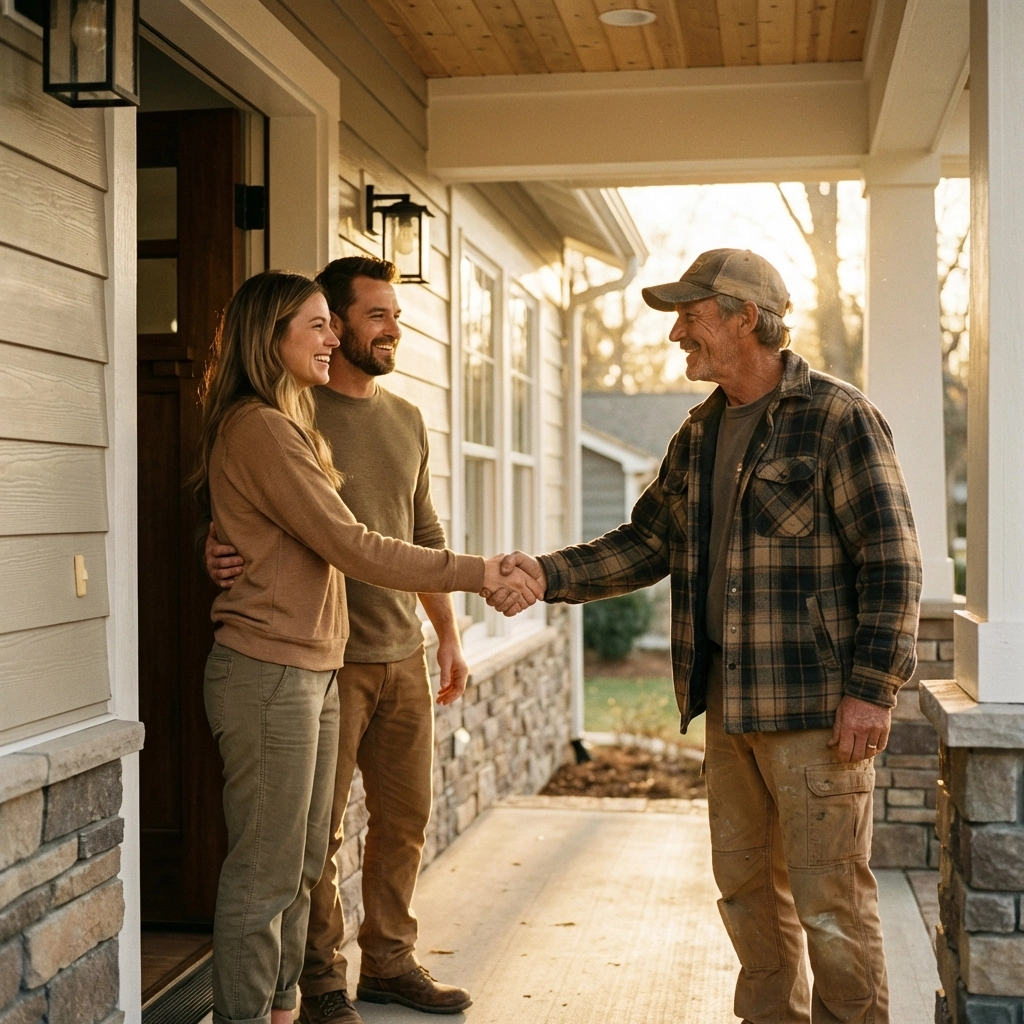 Contractor shaking hands with satisfied homeowners outside a newly renovated house