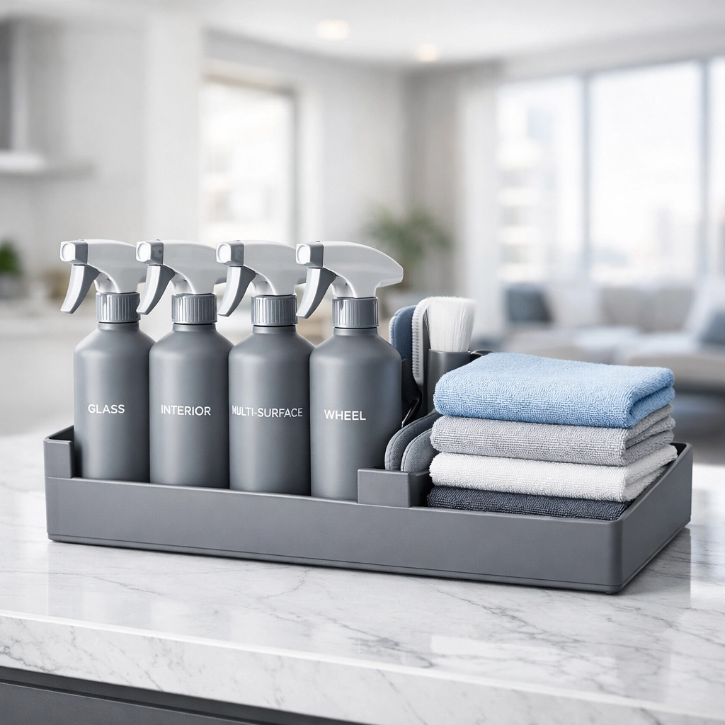 Professional turnover cleaning supplies and microfiber cloths on a modern kitchen counter.
