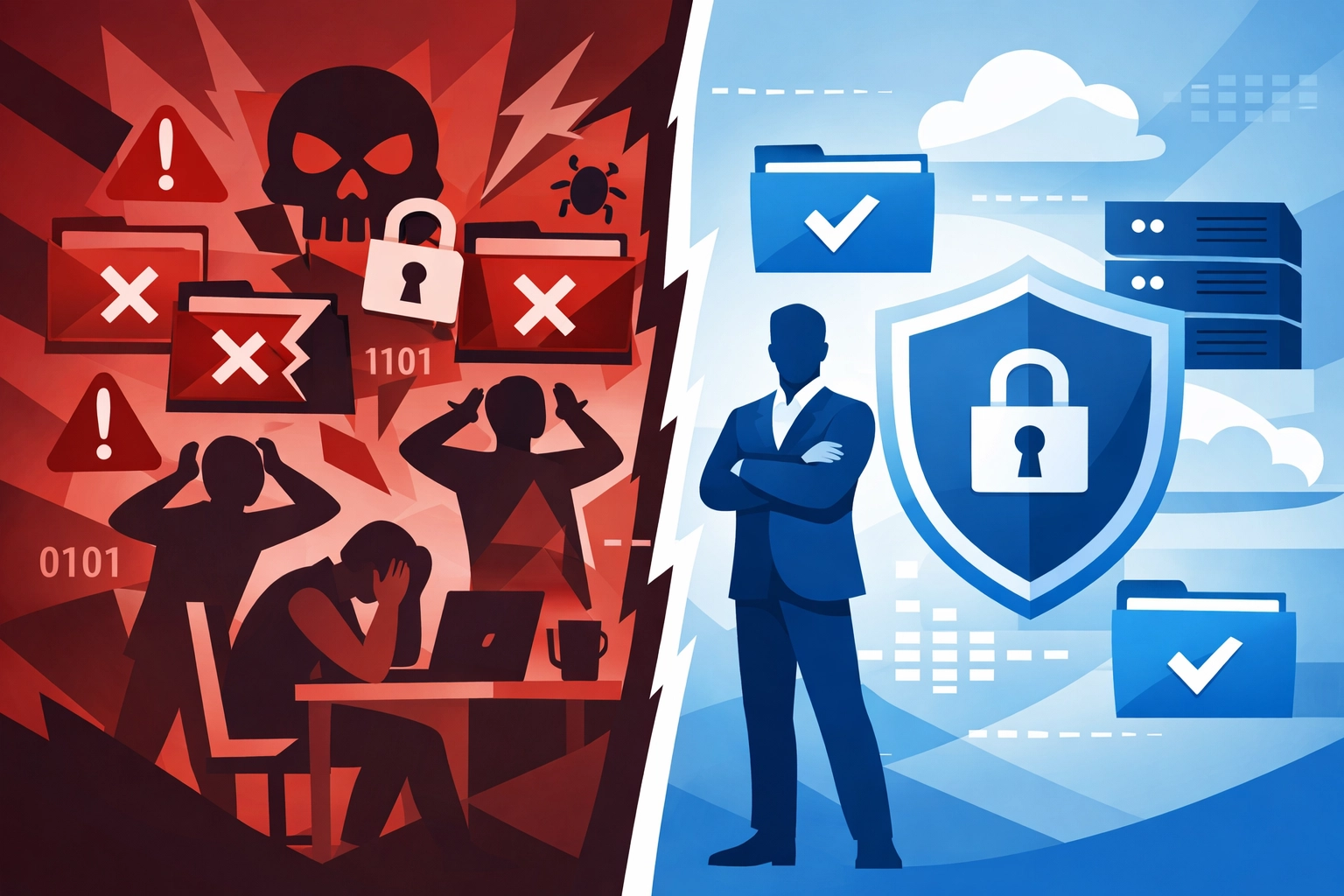 Ransomware attack aftermath vs protected business with secure data backup system