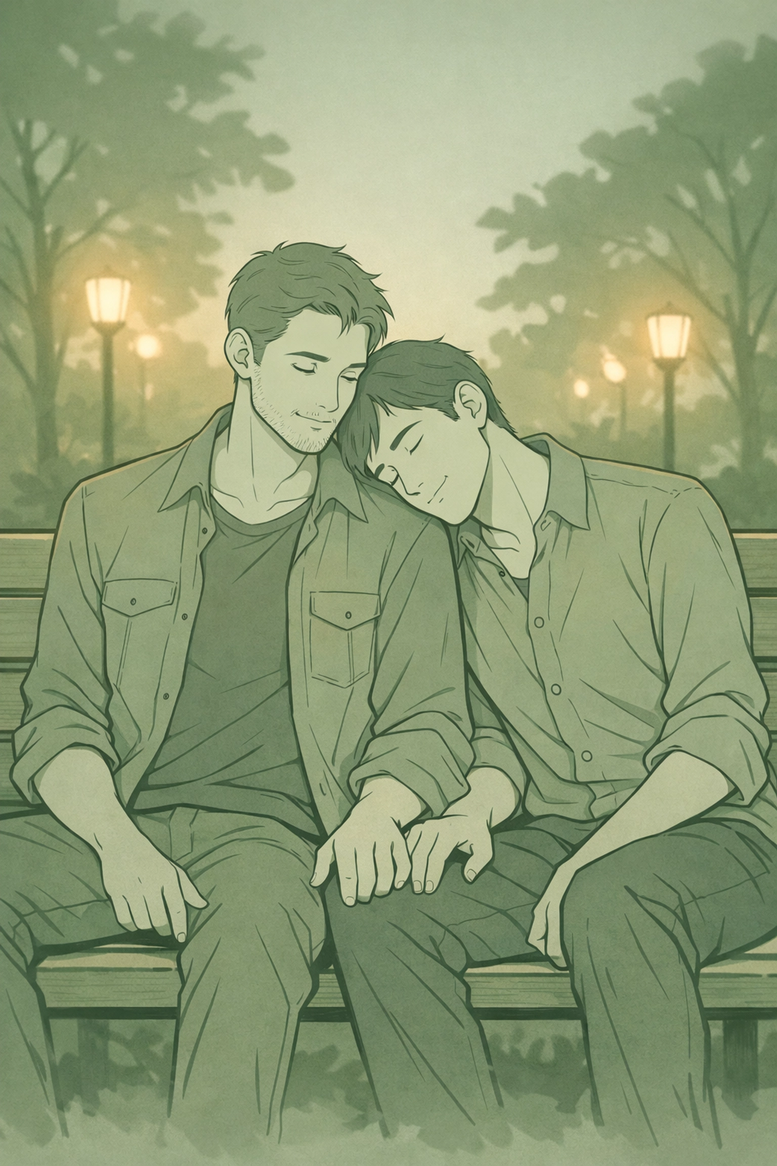 Gay couple sharing intimate moment on park bench showing emotional depth beyond hookup culture