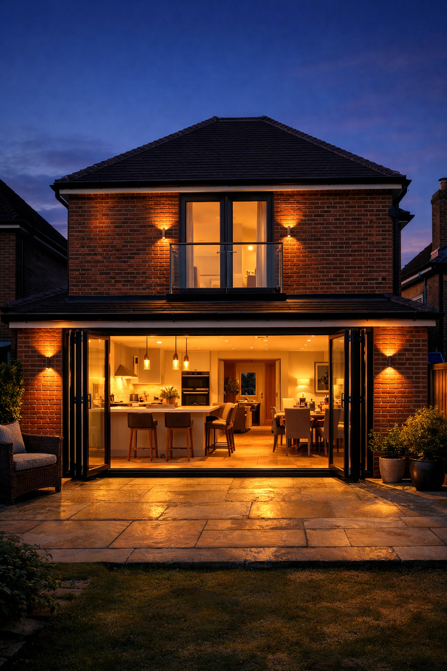 Modern two-storey rear extension in West Sussex with glass bi-fold doors and first-floor bedroom.