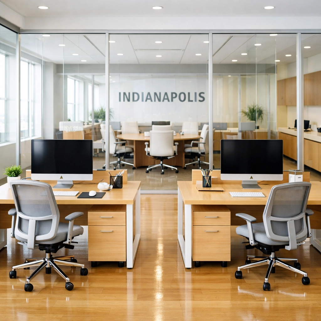 Perfectly clean and gleaming modern office suite in Indianapolis reflecting professional cleaning standards.