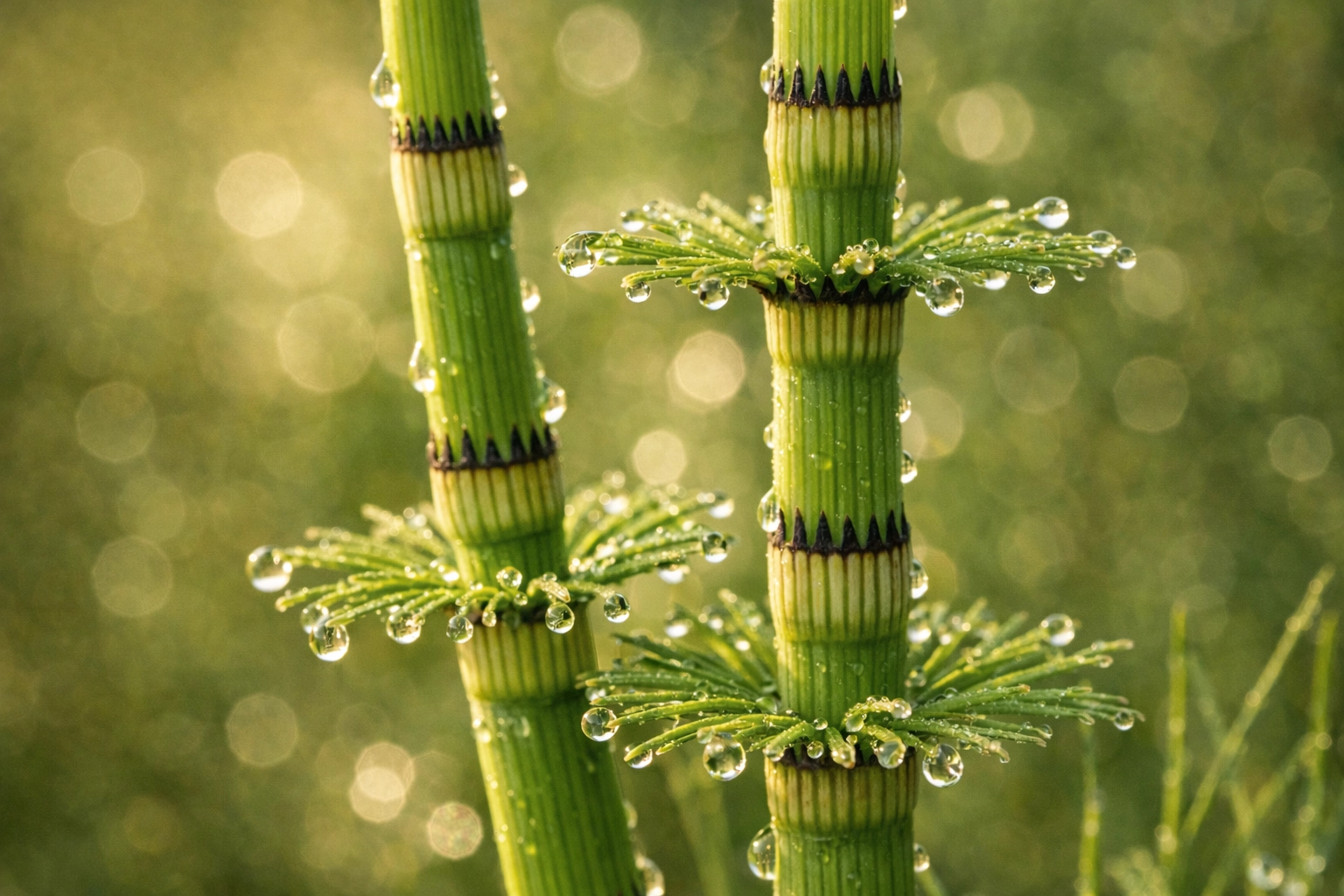 Fresh horsetail plant stems showing high silica content for hair, skin, and nail health