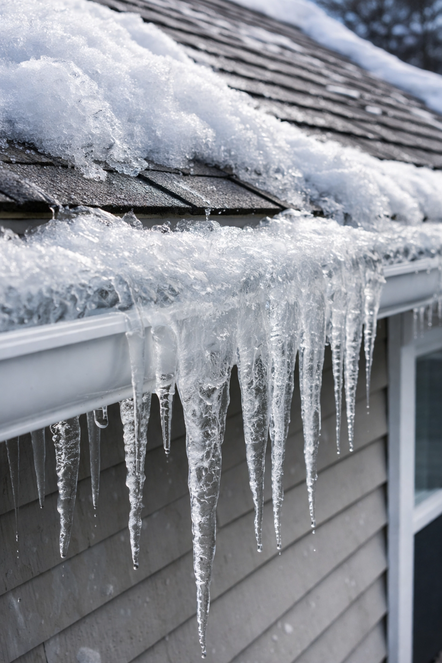 Close-up of ice dam and icicles on home gutters, showing winter damage risks for Connecticut homeowners