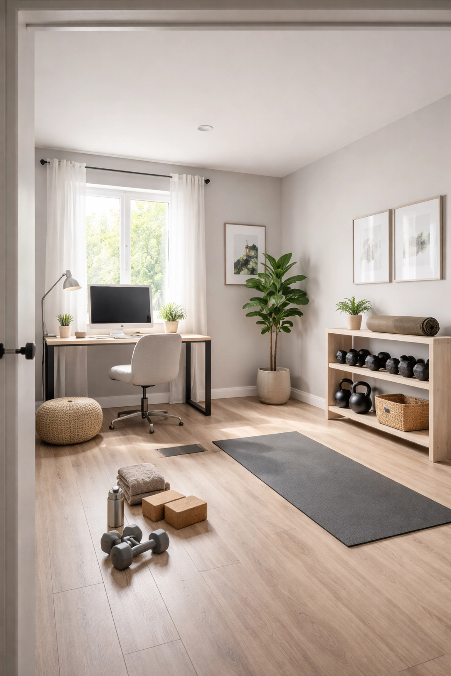 Bright flex room serving as home office and gym, showcasing versatile living space trends