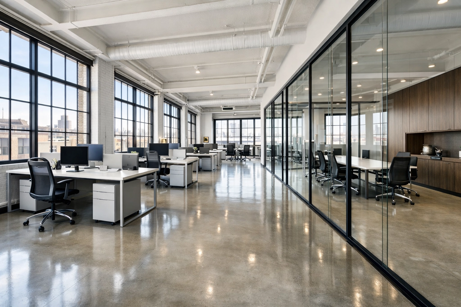 Clean industrial loft office in Detroit featuring streak-free glass and polished floors ready for new tenants.