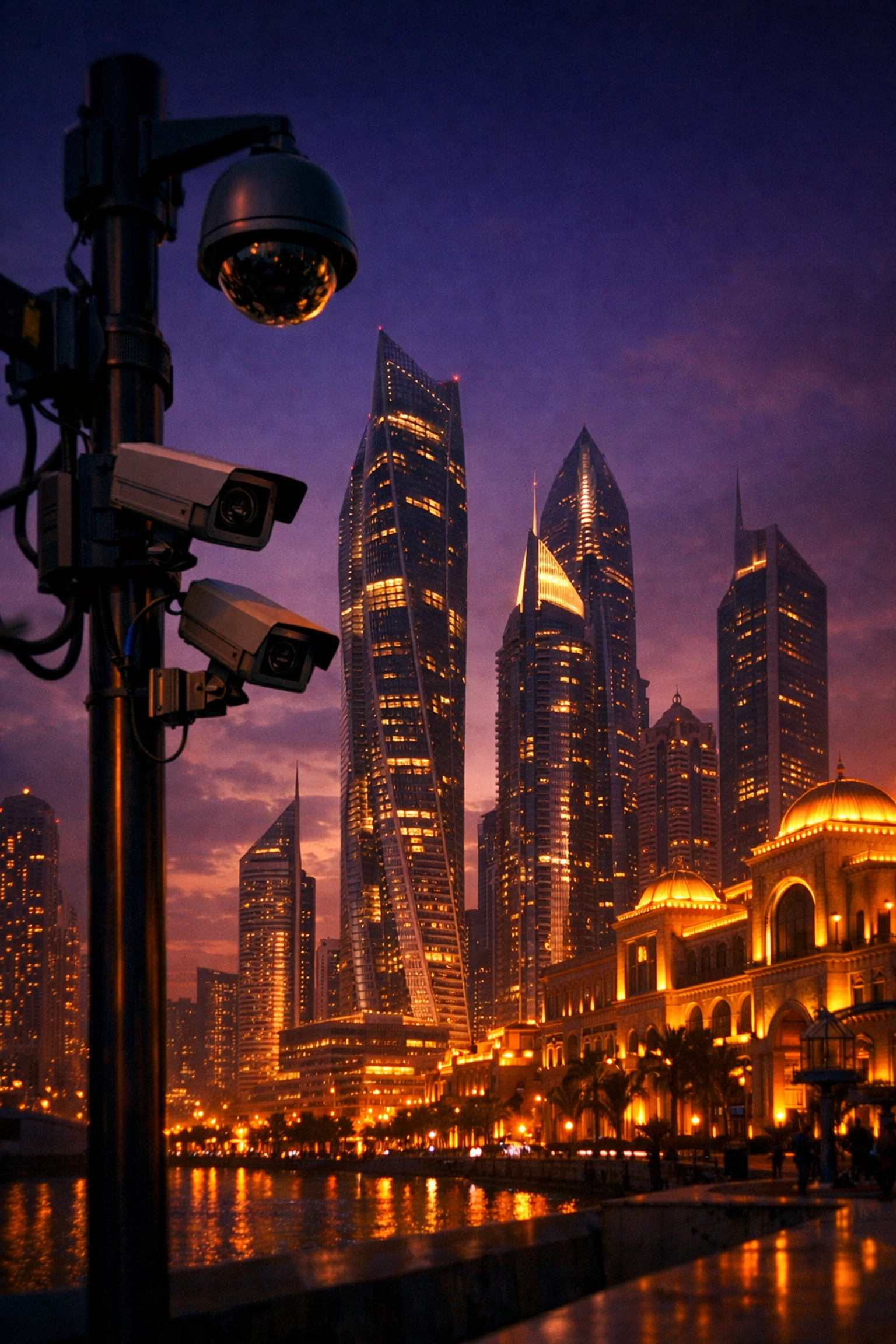 Gulf city skyline with surveillance cameras symbolizing forbidden gay love in the Middle East