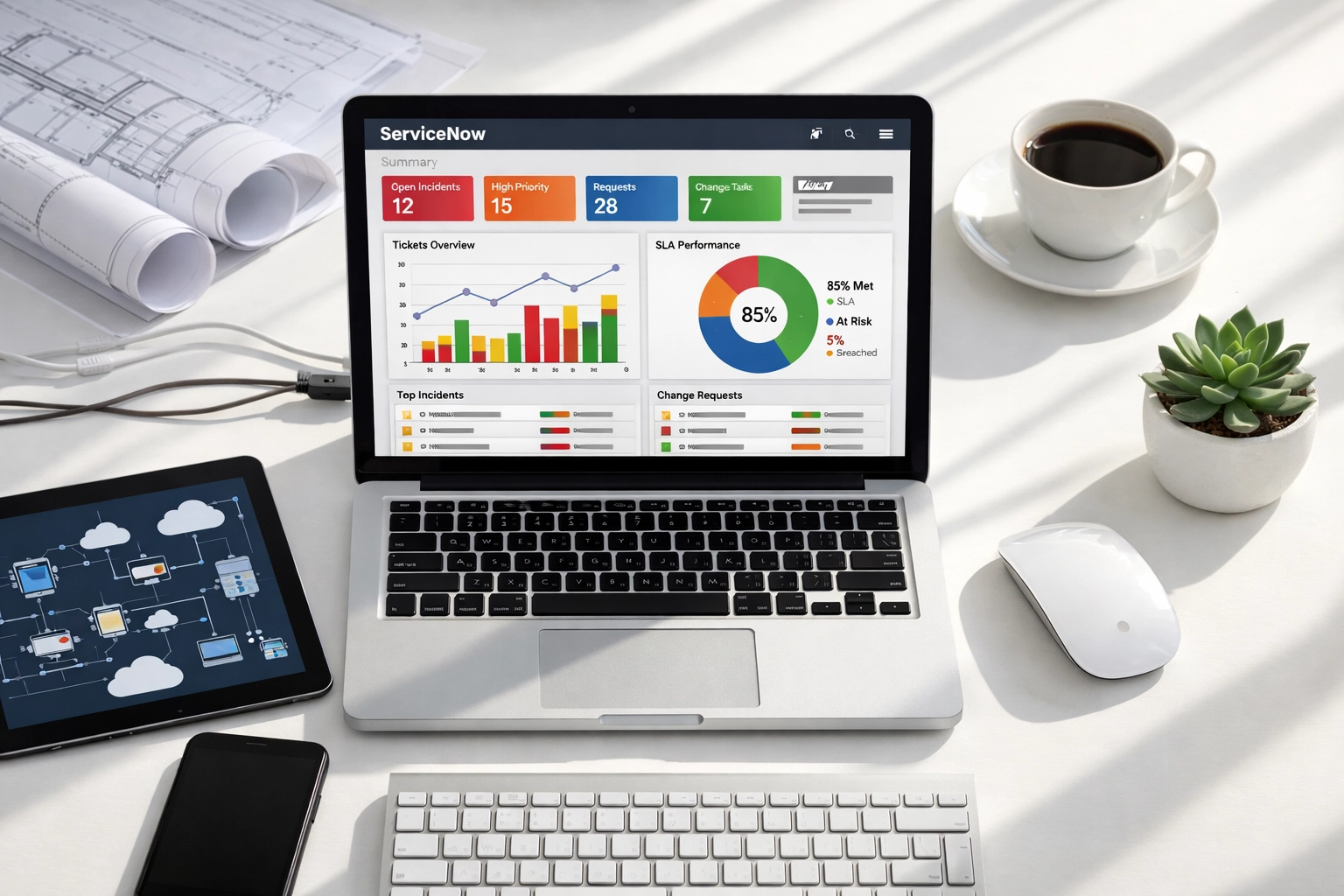 ServiceNow dashboard displaying CMDB health metrics and autonomous agent monitoring