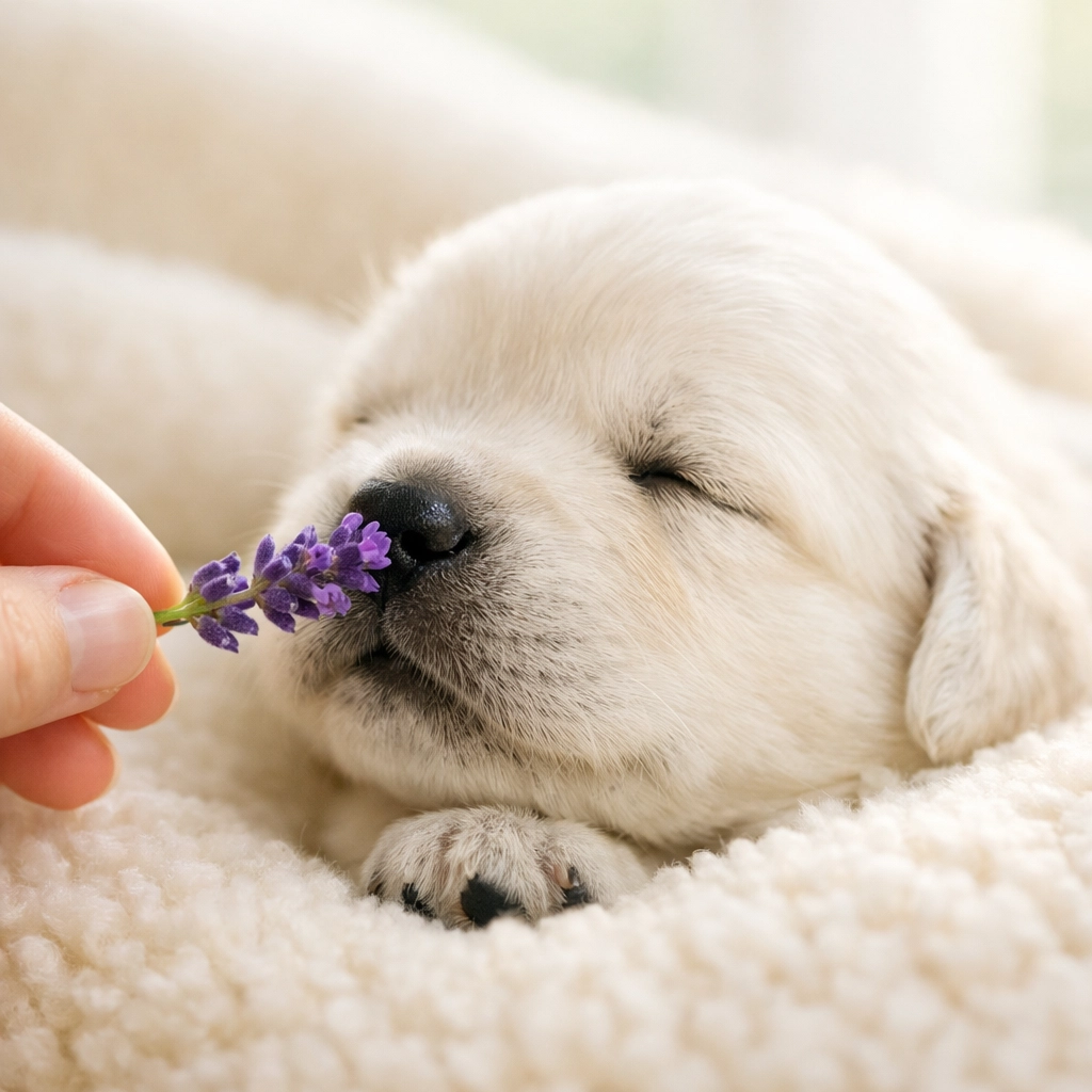 English Cream Golden Retriever puppy in Oregon sniffing lavender for therapy dog Early Scent Introduction.