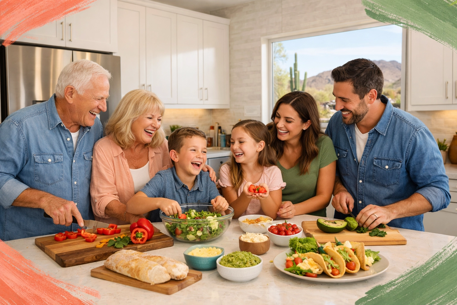 Multi-generational family in modern Glendale AZ kitchen with desert views