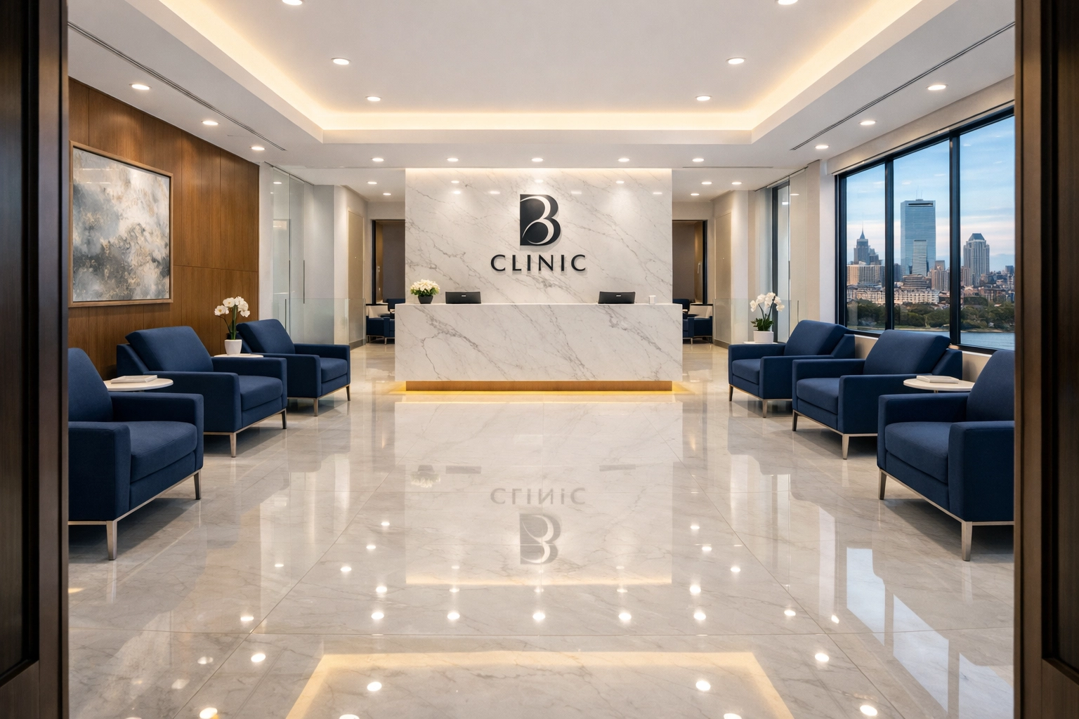 A pristine Boston medical clinic waiting room with clean marble floors and professional blue seating.