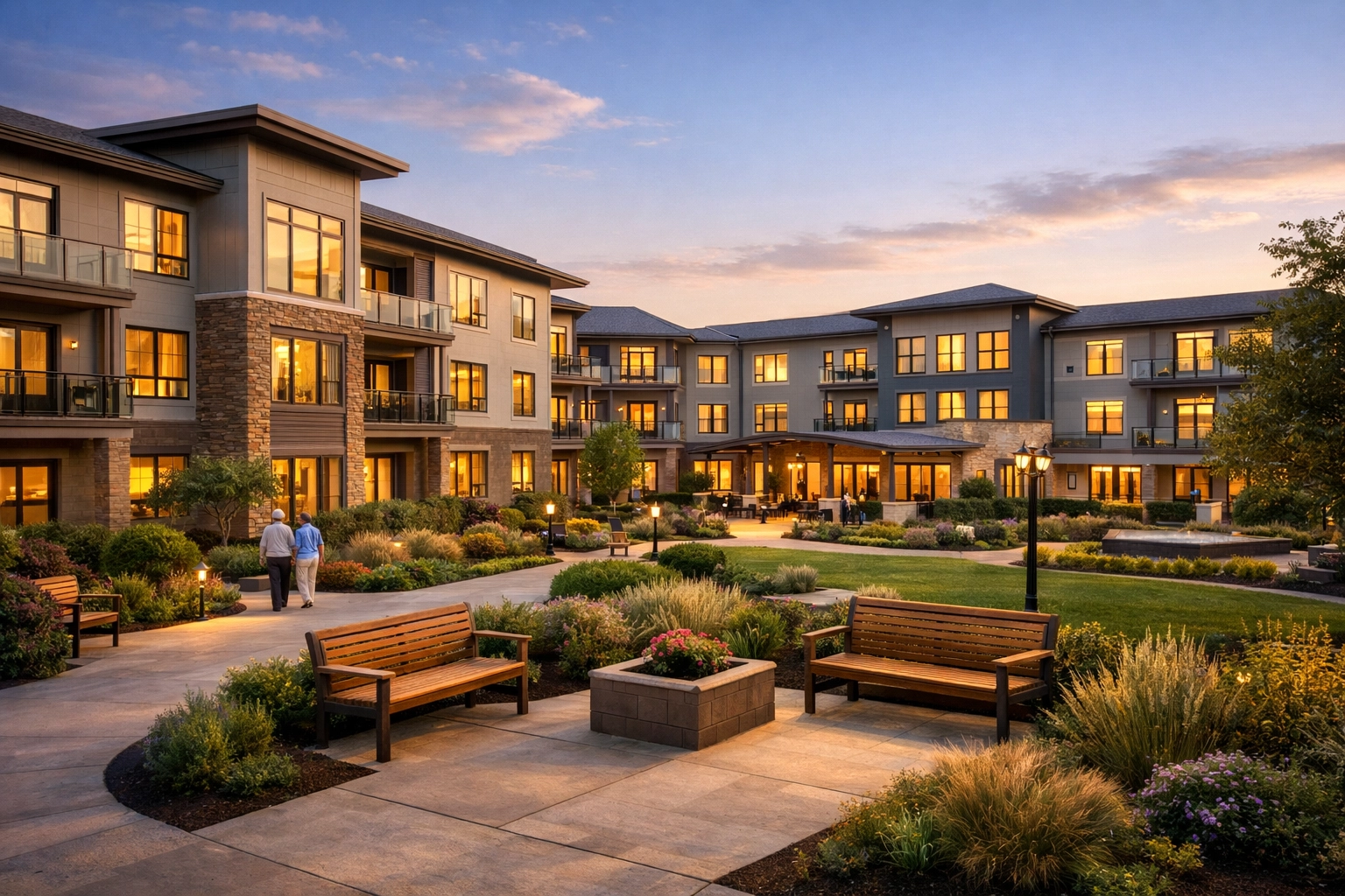 Modern senior living community with contemporary architecture and accessible walkways