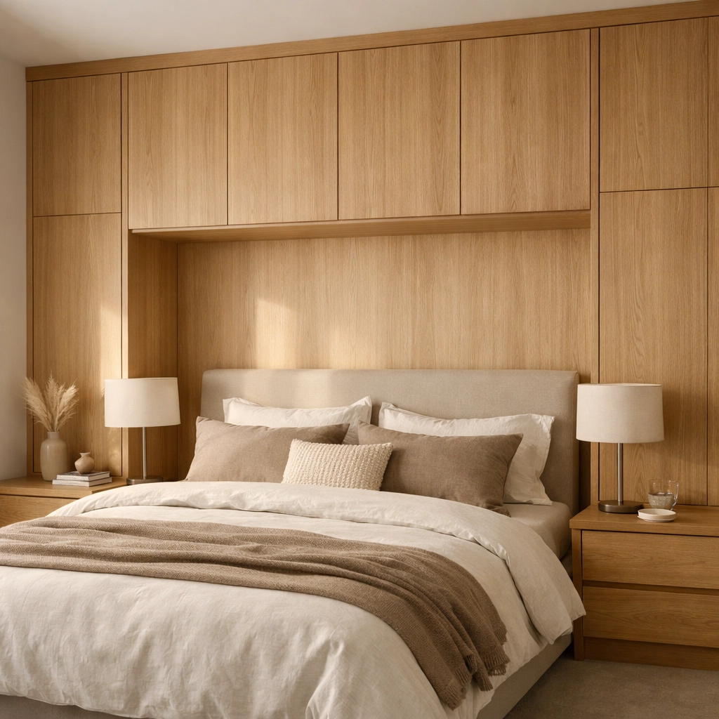 Bespoke over-bed fitted wardrobes by interior designers in Derby to maximise space.