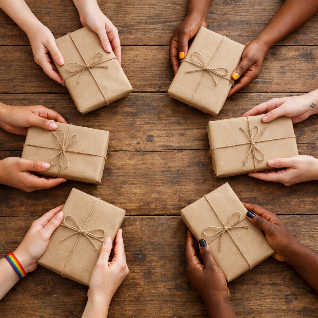 Diverse friends exchanging wrapped mystery books during a Read with Pride book swap event.