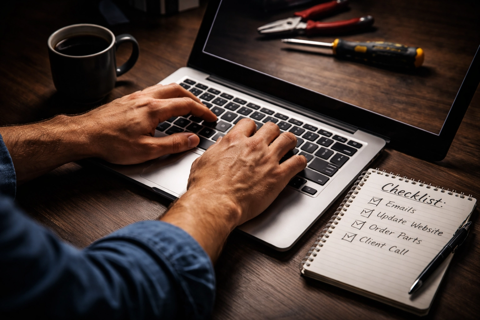 Hands typing on laptop with checklist and tools, representing content creation for handyman SEO authority