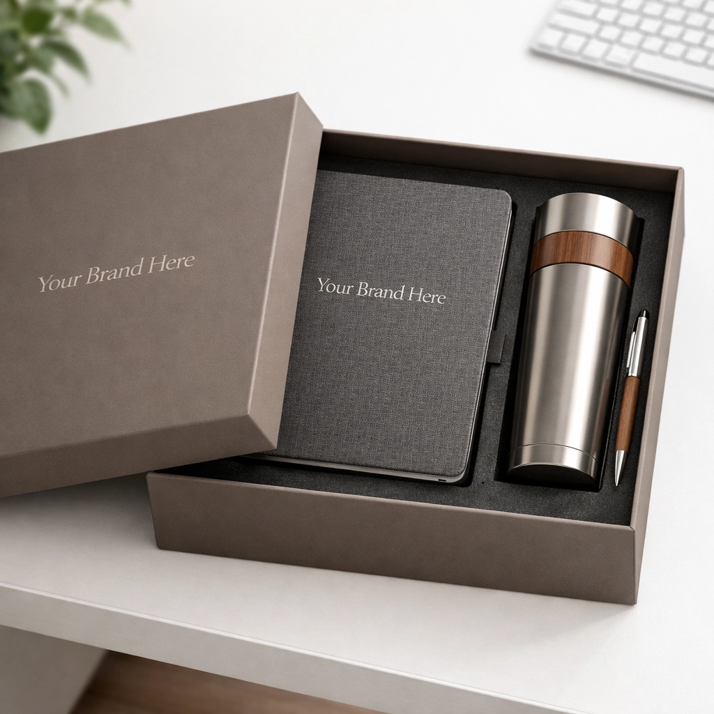 Professional corporate on-boarding gift box with a custom notebook for new employees.