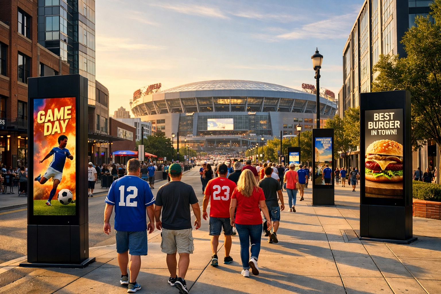 Digital advertising pillars on a city street leading to a sports stadium with fans.