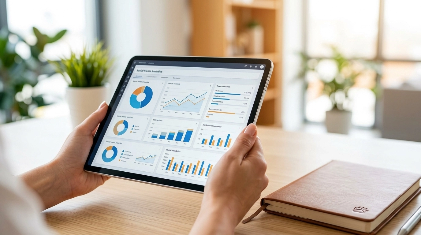 Close-up of a person holding a tablet with social media analytics next to a bear-paw embossed notebook
