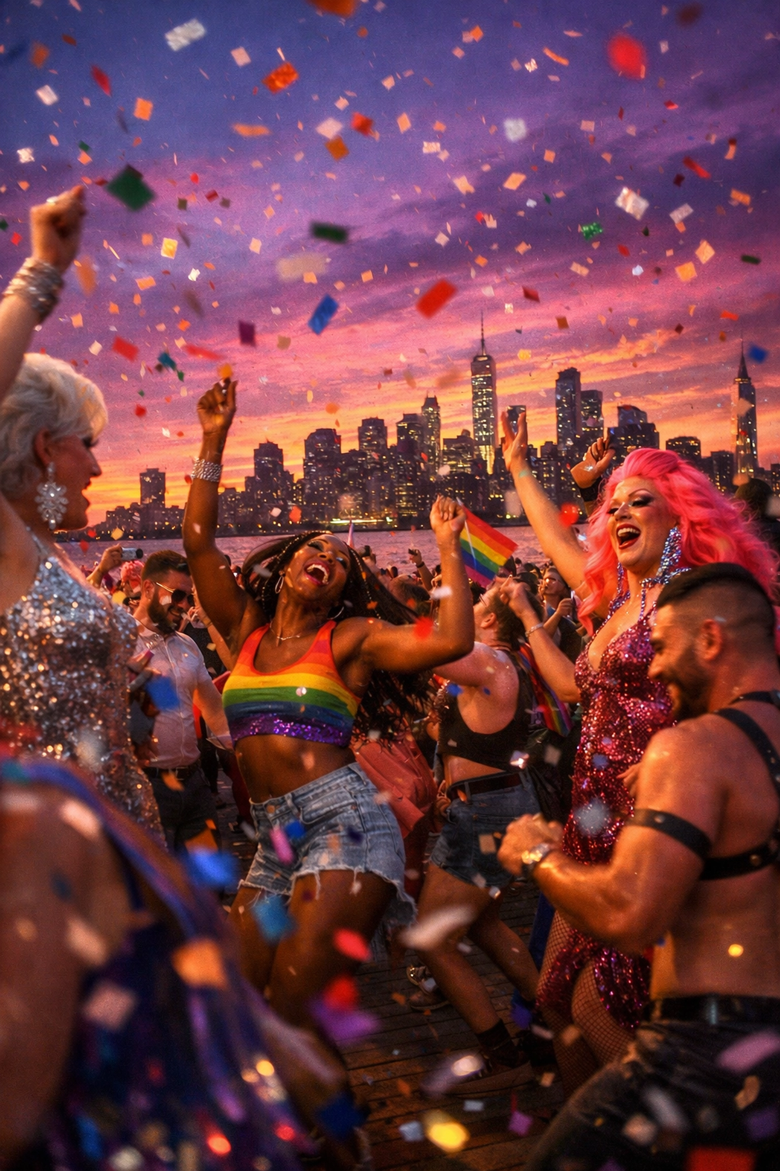 A joyful crowd of LGBTQ+ people and drag performers celebrating at a New York City pier festival during sunset.