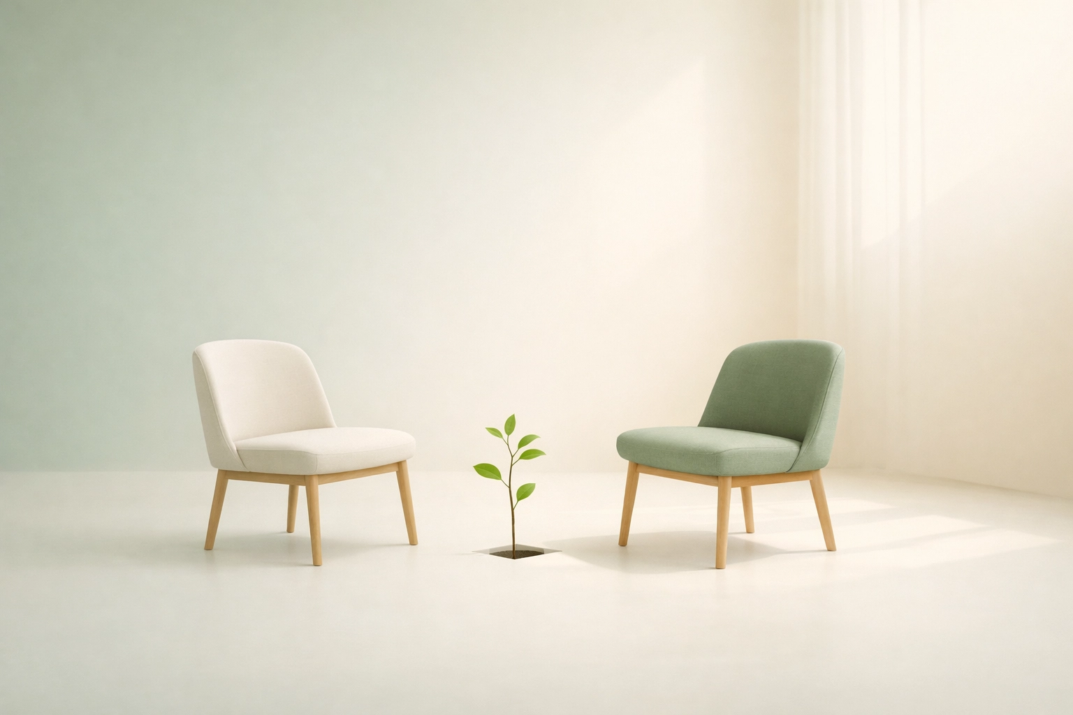 Two chairs and a small plant in a peaceful room, symbolizing growth through a coaching leadership style.