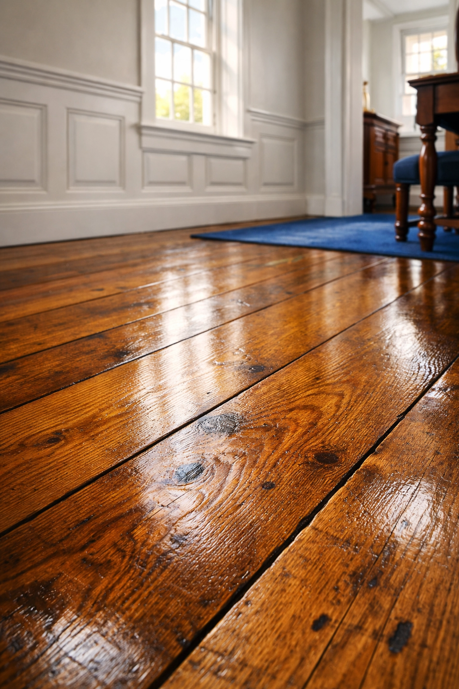 Polished historic hardwood floors in a Plymouth office showcasing expert janitorial maintenance