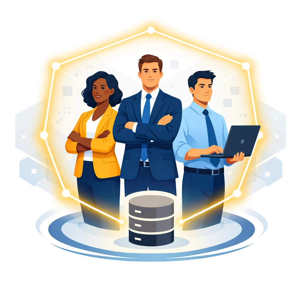 Professionals protected by a digital shield symbolizing expert-managed cybersecurity services.