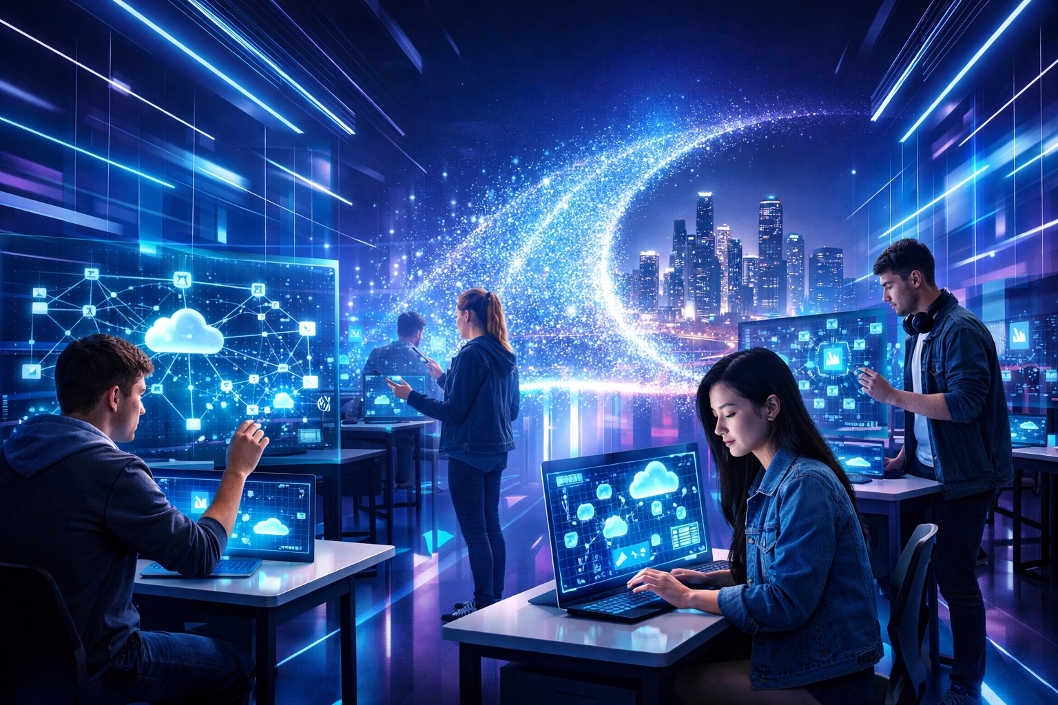 High school students in a futuristic EsportsPod learning laboratory for professional workforce development.