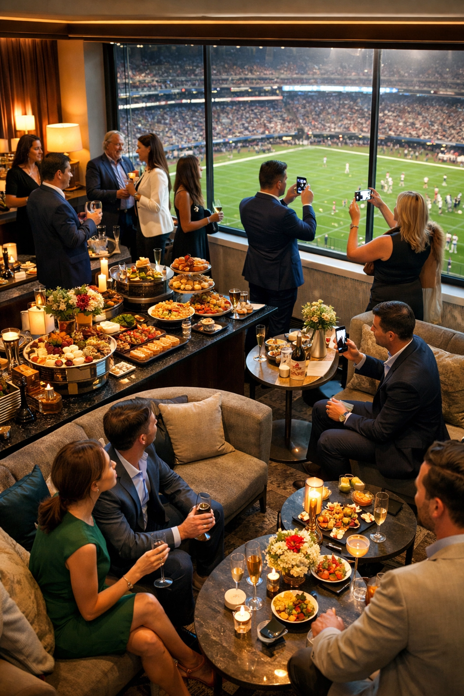 Luxury VIP corporate hospitality suite at Super Bowl with guests networking and creating content
