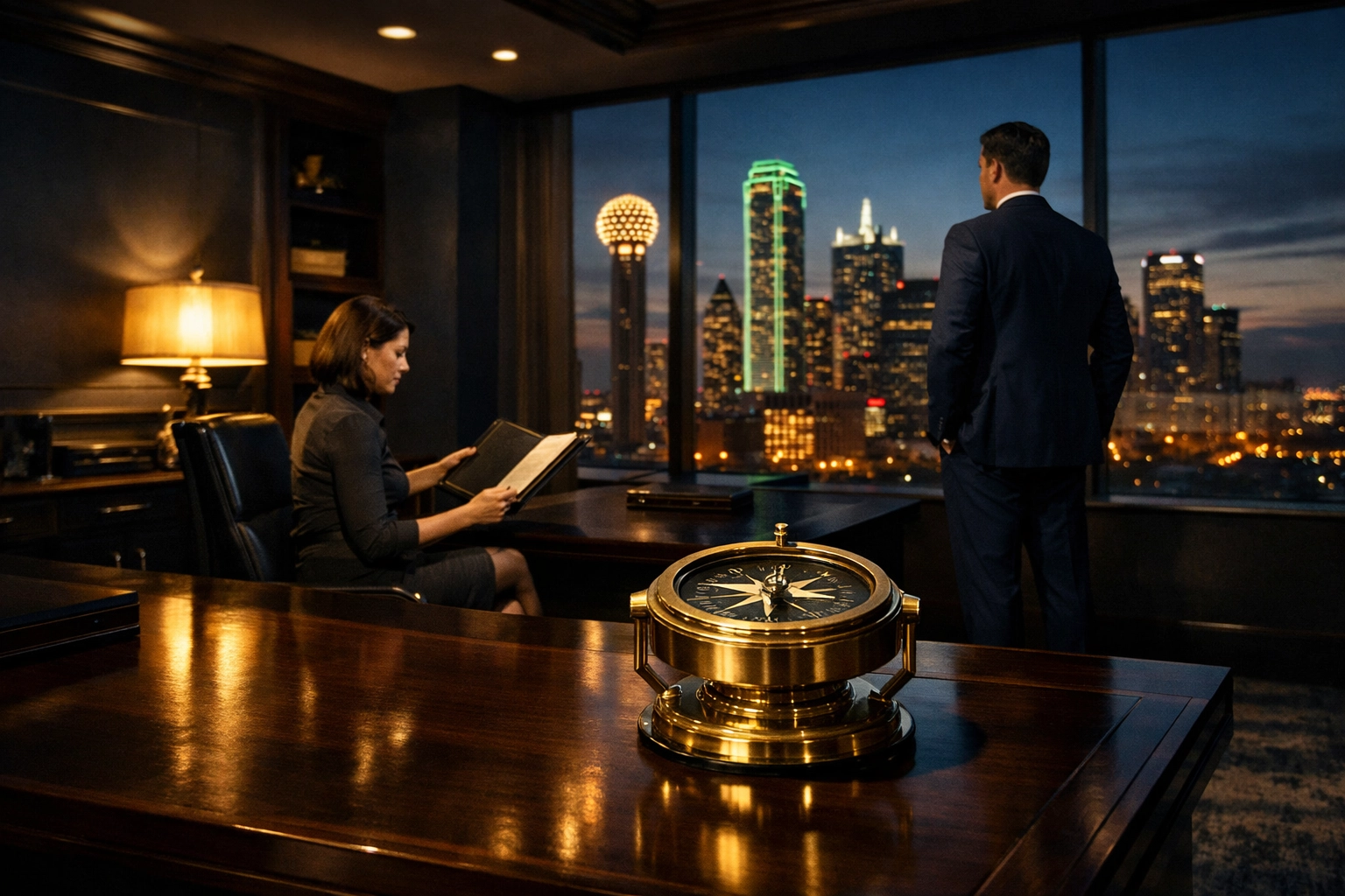 Professional leaders in a Dallas office practicing strategic leadership development and executive presence coaching.