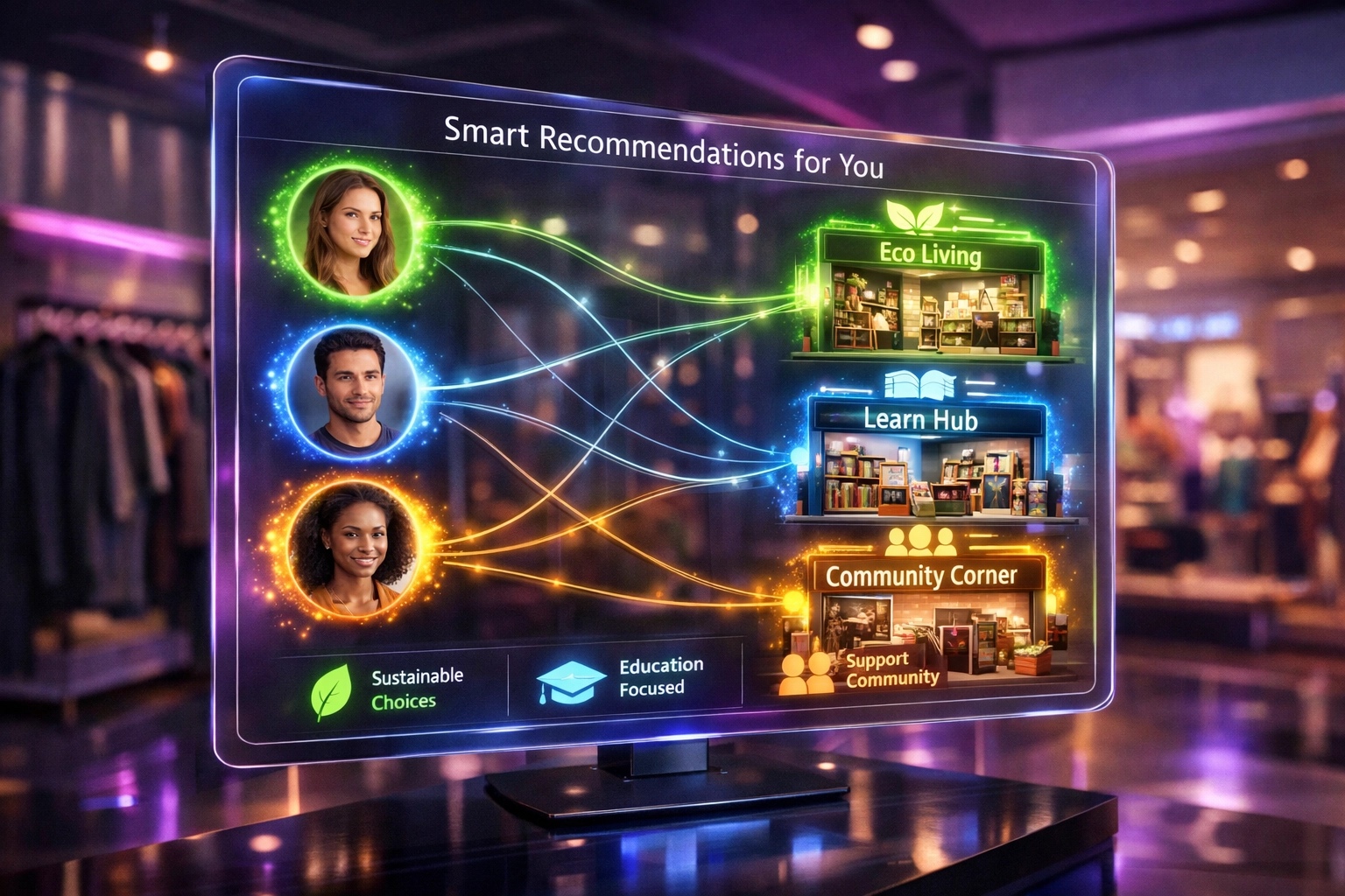 AI-powered shopping recommendations connecting customers to merchants based on social impact priorities