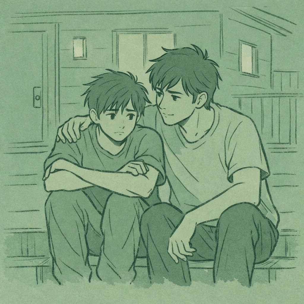 Two gay brothers embrace on porch steps showing protective love and LGBTQ+ family support