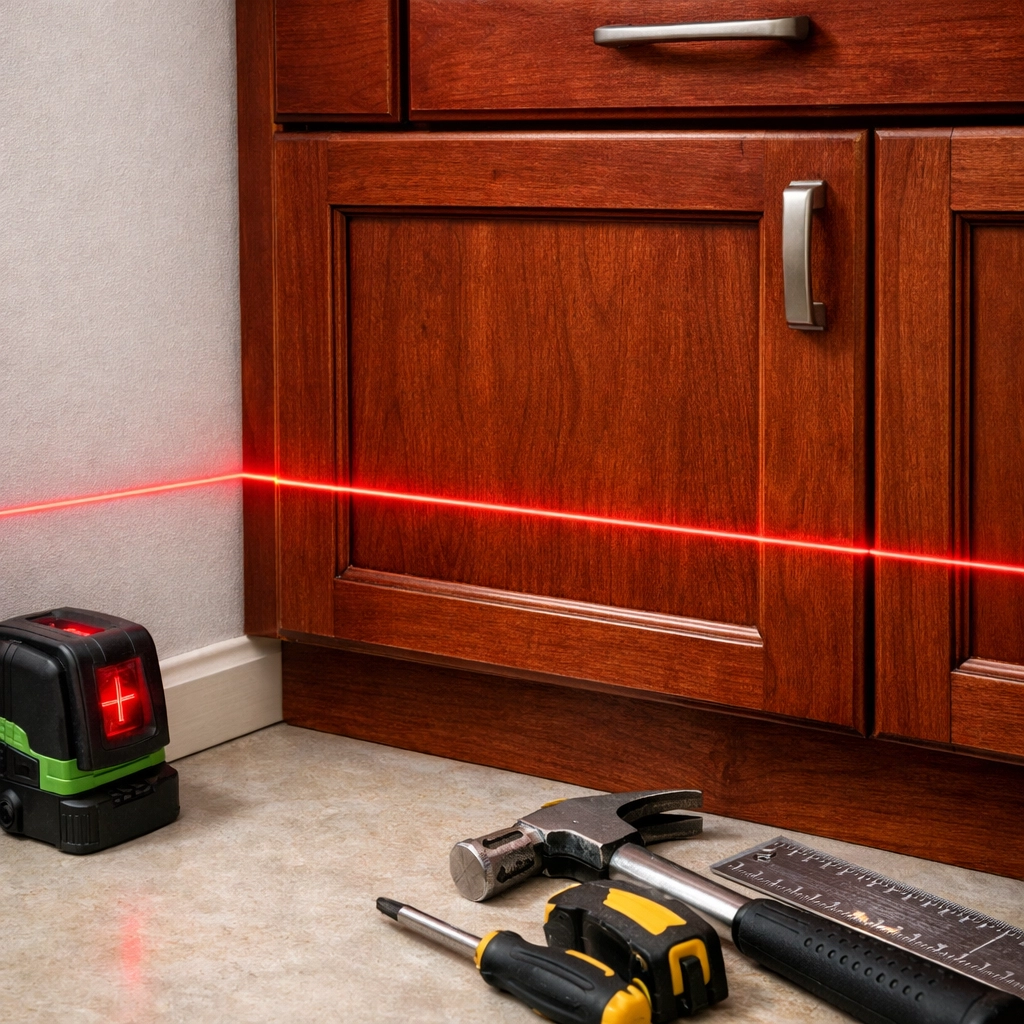 Professional installation of custom cherry wood base cabinets using a precision laser level.