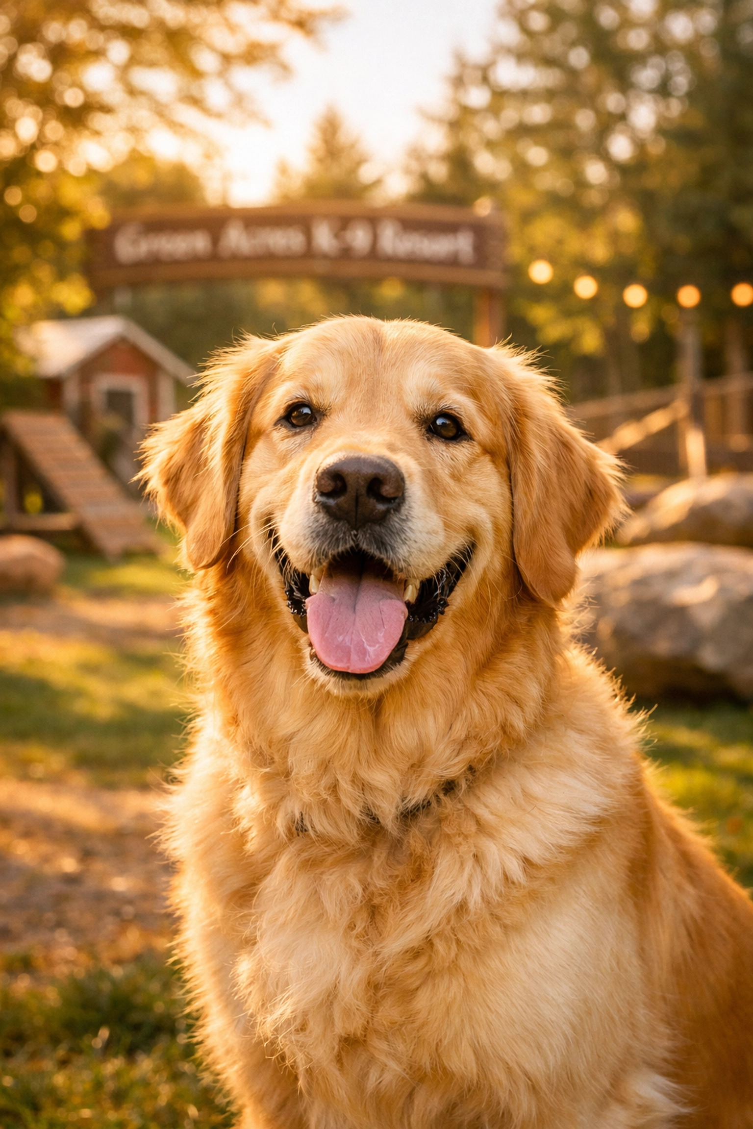 Happy Golden Retriever enjoying fresh air and holistic outdoor enrichment at Green Acres K-9 Resort in Portland.