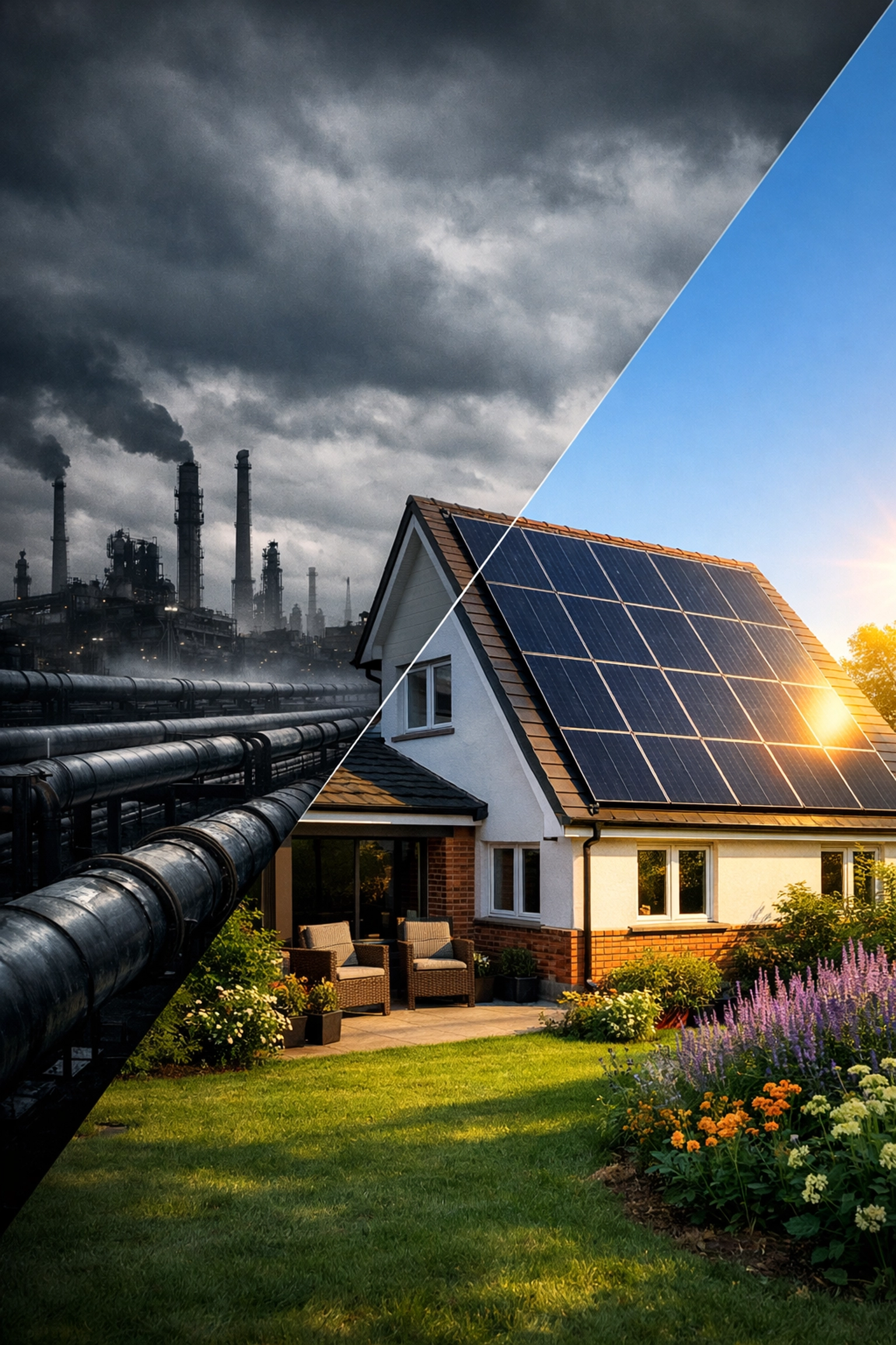 Comparison between industrial fossil fuel pollution and a modern UK home with solar panels.