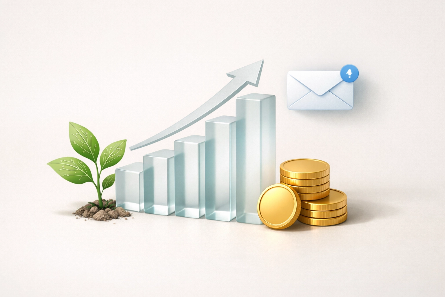Growth chart with coins and envelopes illustrating passive income from digital marketing affiliate rewards.