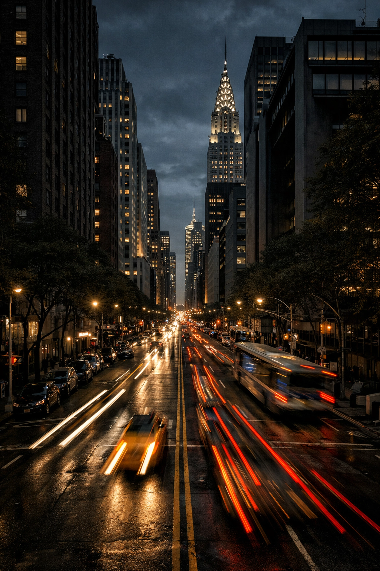 Long exposure light trails on 42nd Street with the Chrysler Building, a premier NYC photography spot.