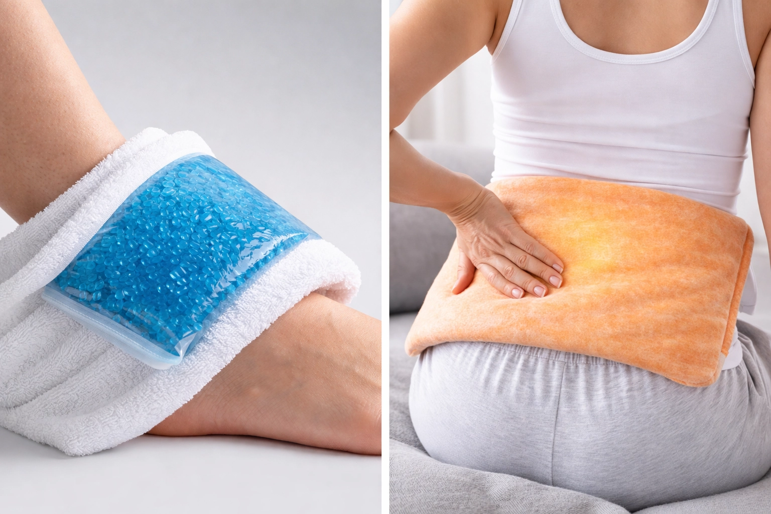 Side-by-side demonstration of ice therapy on an ankle and heat therapy on a lower back for injury recovery
