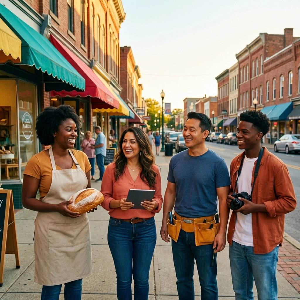 Diverse group of small business owners standing together on Main Street, celebrating community entrepreneurship