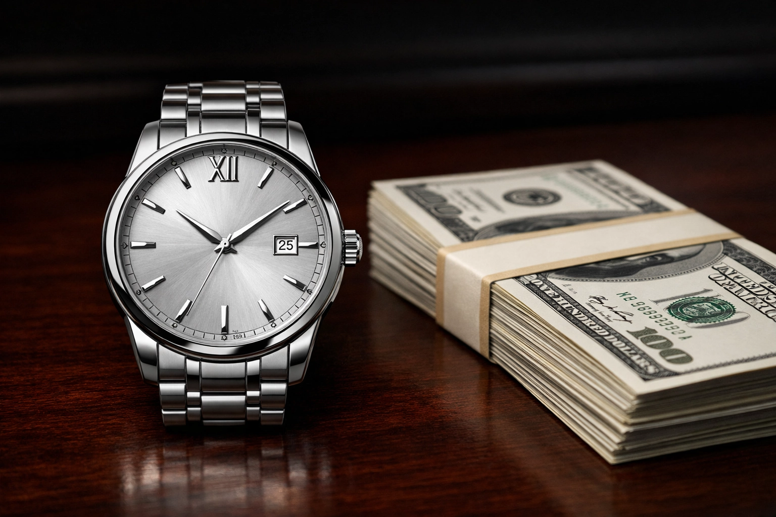 Elegant wristwatch next to currency on a desk symbolizing the time and cost of business capital.